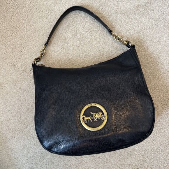 Coach Elle Black Pebble Leather Hobo Bag Large Carriage Shoulder Purse F31400 - Picture 1 of 16